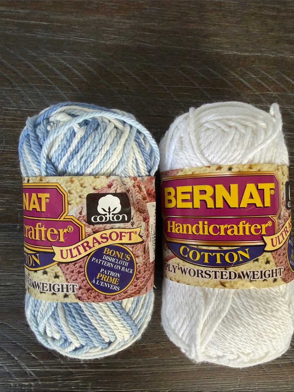 NEW Bernat Handicrafter Cotton Yarn Set of 2 White & Blue Variegated Soft Craft
